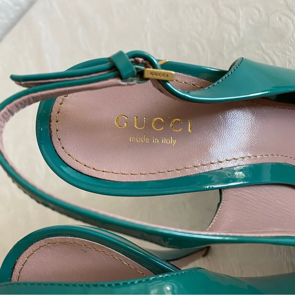 Gucci blue green patent leather peep toe platform sandals